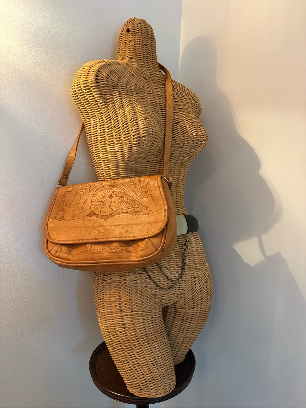 Hand-Tooled Floral Crossbody Bag in Tan